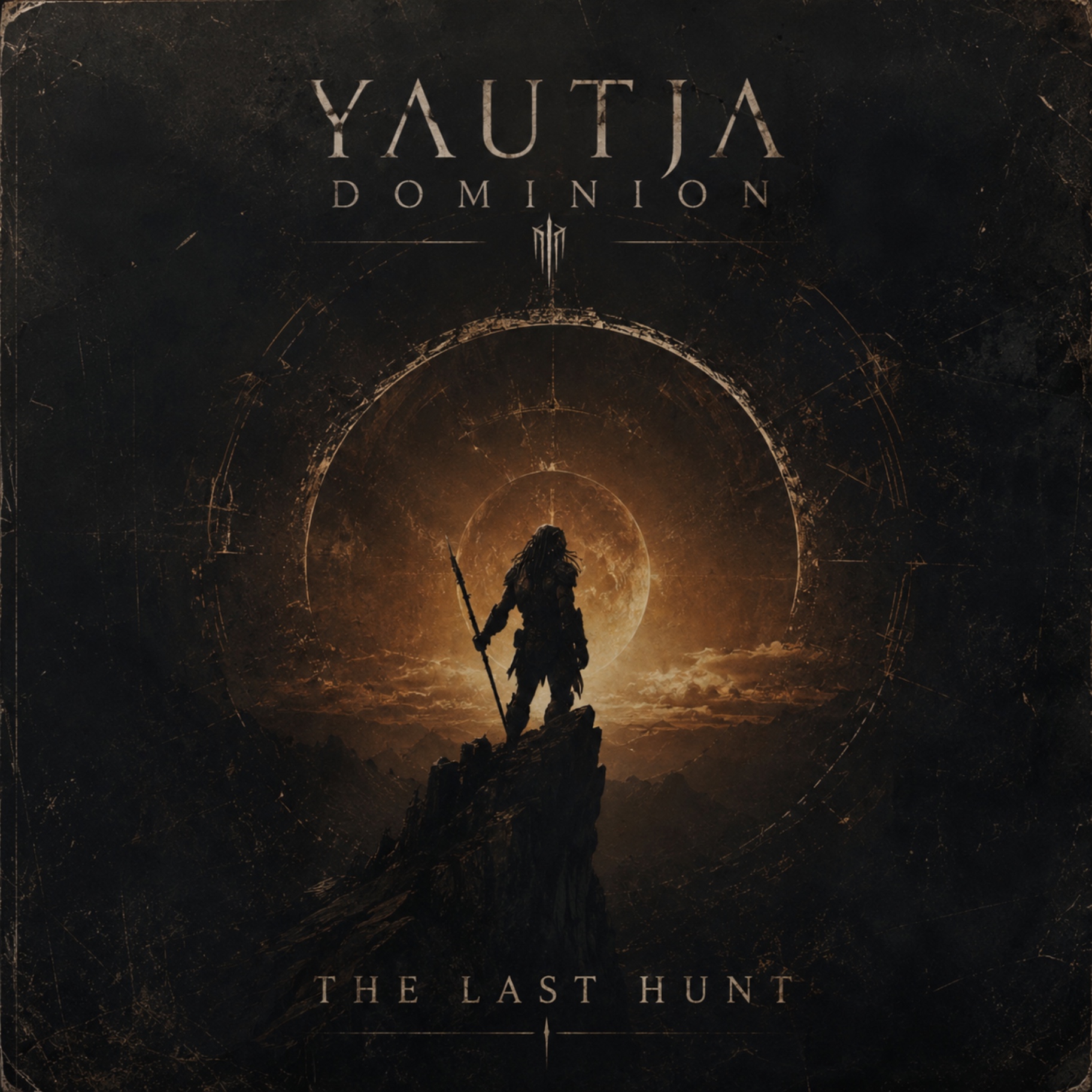 Official album artwork for The Last Hunt by Yautja Dominion — a warrior silhouetted against a burning sky