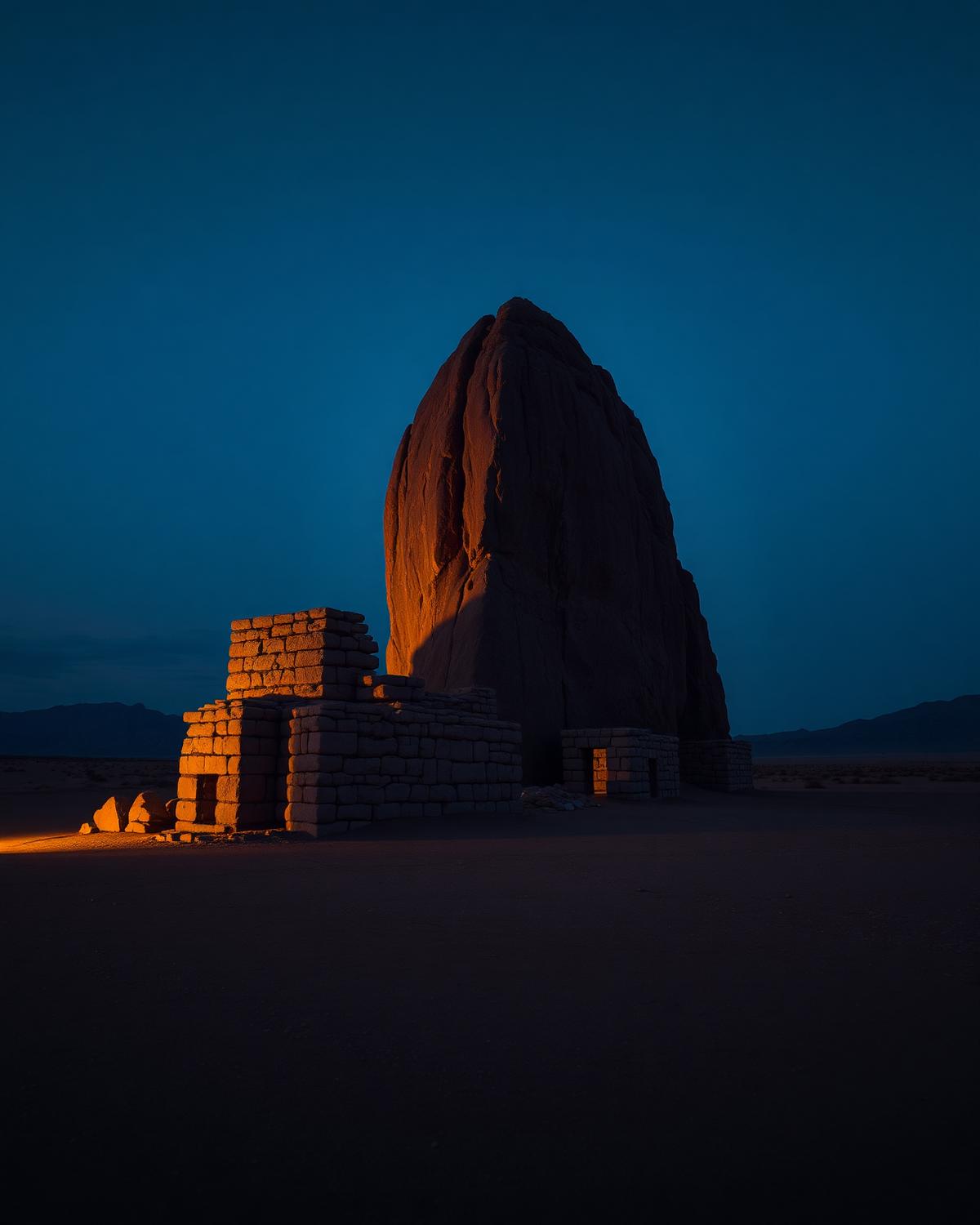 Ancient stone ruins in dramatic dusk lighting